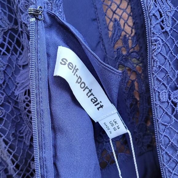 Self-Portrait Laced Puff Sleeved Midi Dress Navy size 10 - Picture 8 of 12